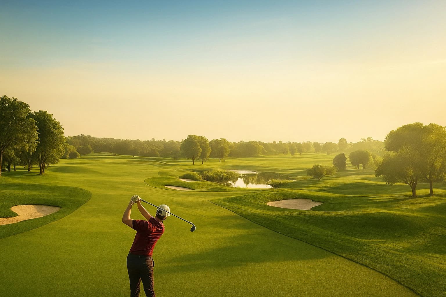 Professional golfer on pristine golf course with panoramic views